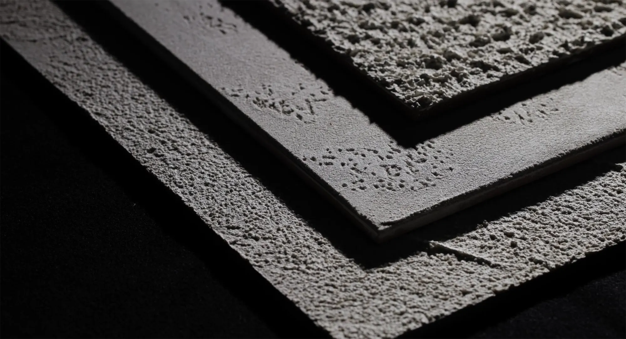 Dettaglio di tre strati sovrapposti che mostrano l'aspetto materico e diversificato delle superfici della linea Valtexture